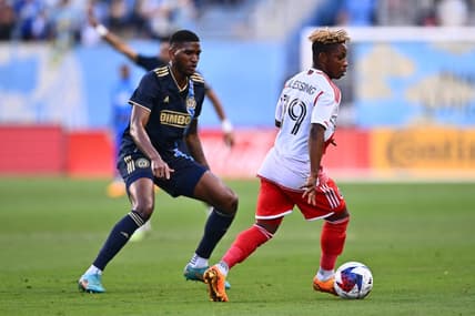 May 20, 2023; Philadelphia, Pennsylvania, USA; New England Revolution forward Latif Blessing (19) plays with ball during the first half at Subaru Park. Mandatory Credit: Kyle Ross-USA TODAY Sports