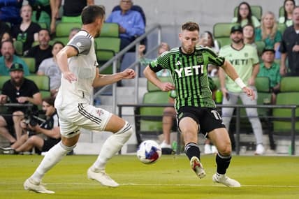 May 20, 2023; Austin, Texas, USA; Austin FC forward Jon Gallagher (17) kicks the ball against the Toronto FC during the first half at Q2 Stadium. Mandatory Credit: Scott Wachter-USA TODAY Sports