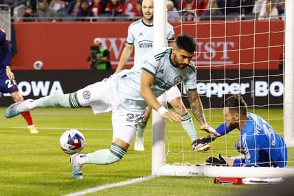 May 20, 2023; Chicago, Illinois, USA; Chicago Fire midfielder Xherdan Shaqiri (not pictured) scores a goal against Atlanta United defender Juan Sanchez (22) and goalkeeper Quentin Westberg (31) during the first half at Soldier Field. Mandatory Credit: Mike Dinovo-USA TODAY Sports