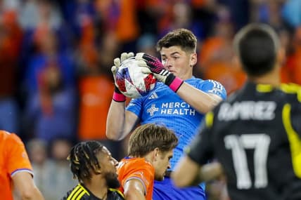 May 20, 2023; Cincinnati, Ohio, USA; FC Cincinnati goalkeeper Roman Celentano (18) makes a save against the Columbus Crew in the second half at TQL Stadium. Mandatory Credit: Katie Stratman-USA TODAY Sports