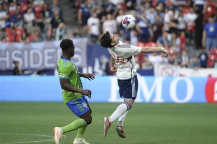 May 20, 2023; Vancouver, British Columbia, CAN;  Vancouver Whitecaps FC forward Brian White (24) traps the ball during the first half against the Seattle Sounders at BC Place. Mandatory Credit: Anne-Marie Sorvin-USA TODAY Sports