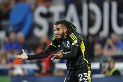 May 20, 2023; Cincinnati, Ohio, USA; Columbus Crew defender Mohamed Farsi (23) reacts during the second half at TQL Stadium. Mandatory Credit: Katie Stratman-USA TODAY Sports
