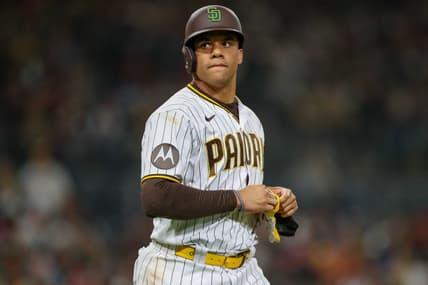 May 20, 2023; San Diego, California, USA; San Diego Padres left fielder Juan Soto (22) walks to first base after drawing a walk in the ninth inning against the Boston Red Sox at Petco Park. Mandatory Credit: David Frerker-USA TODAY Sports