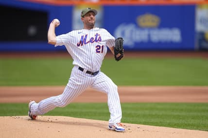 May 21, 2023; New York City, NY, USA; New York Mets pitcher Max Scherzer (21) delivers a pitch against the Cleveland Guardians during the first inning Mandatory Credit: Gregory Fisher-USA TODAY Sports