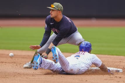 May 21, 2023; New York City, NY, USA; New York Mets right fielder Starling Marte (6) steals second base with Cleveland Guardians second baseman Tyler Freeman (2) receiving the throw during the second inning Mandatory Credit: Gregory Fisher-USA TODAY Sports