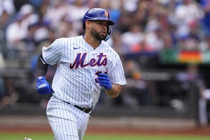 May 21, 2023; New York City, NY, USA; New York Mets catcher Gary Sanchez (33) runs after hitting a single against the Cleveland Guardians during the fourth inning Mandatory Credit: Gregory Fisher-USA TODAY Sports