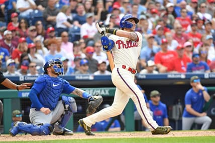 May 21, 2023; Philadelphia, Pennsylvania, USA;  Philadelphia Phillies second baseman Bryson Stott (5) watches his two run home run against the Chicago Cubs during the seventh inning at Citizens Bank Park. Mandatory Credit: Eric Hartline-USA TODAY Sports