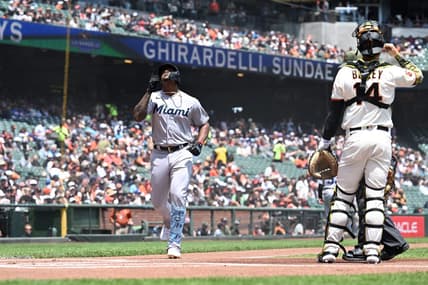 May 21, 2023; San Francisco, California, USA; Miami Marlins designated hitter Jorge Soler (12) reacts after hitting a solo home run against the San Francisco Giants during the first inning at Oracle Park. Mandatory Credit: Robert Edwards-USA TODAY Sports