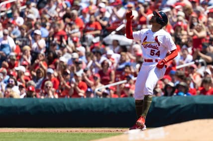 May 21, 2023; St. Louis, Missouri, USA;  St. Louis Cardinals  scar Mercado (54) hits a single against the Los Angeles Dodgers in the fourth inning at Busch Stadium. Mandatory Credit: Zach Dalin-USA TODAY Sports