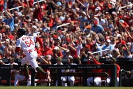 May 21, 2023; St. Louis, Missouri, USA; Oscar Mercado (54) runs the bases at Busch Stadium against the Los Angeles Dodgers. Mandatory Credit: Zach Dalin-USA TODAY Sports