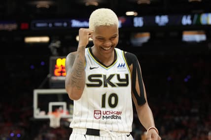 May 21, 2023; Phoenix, Arizona, USA; Chicago Sky forward Anneli Maley (10) reacts after defeating the Phoenix Mercury at Footprint Center. Mandatory Credit: Rick Scuteri-USA TODAY Sports