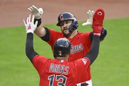 May 22, 2023; Cleveland, Ohio, USA; Cleveland Guardians catcher Mike Zunino (10) celebrates his two-run home run with third baseman Gabriel Arias (13) in the seventh inning against the Chicago White Sox at Progressive Field. Mandatory Credit: David Richard-USA TODAY Sports