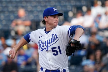 May 22, 2023; Kansas City, Missouri, USA; Kansas City Royals starting pitcher Brady Singer (51) delivers a pitch against the Detroit Tigers in the first inning at Kauffman Stadium. Mandatory Credit: Denny Medley-USA TODAY Sports