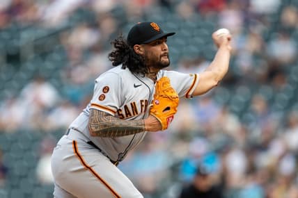 May 22, 2023; Minneapolis, Minnesota, USA; San Francisco Giants relief pitcher Sean Manaea (52) delivers a pitch in the third inning against the Minnesota Twins at Target Field. Mandatory Credit: Jesse Johnson-USA TODAY Sports