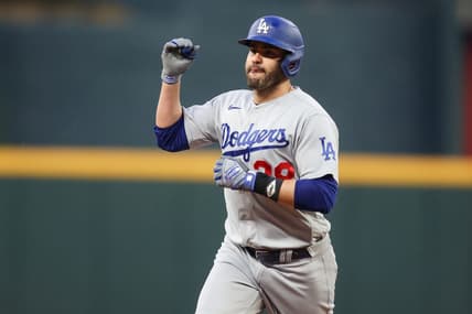 May 22, 2023; Atlanta, Georgia, USA; Los Angeles Dodgers designated hitter J.D. Martinez (28) reacts after a home run against the Atlanta Braves in the second inning at Truist Park. Mandatory Credit: Brett Davis-USA TODAY Sports