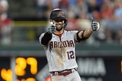 May 22, 2023; Philadelphia, Pennsylvania, USA; Arizona Diamondbacks left fielder Lourdes Gurriel Jr. (12) reacts after his RBI double during the eighth inning against the Philadelphia Phillies at Citizens Bank Park. Mandatory Credit: Bill Streicher-USA TODAY Sports