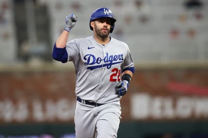 May 22, 2023; Atlanta, Georgia, USA; Los Angeles Dodgers designated hitter J.D. Martinez (28) celebrates after a home run against the Atlanta Braves in the seventh inning at Truist Park. Mandatory Credit: Brett Davis-USA TODAY Sports