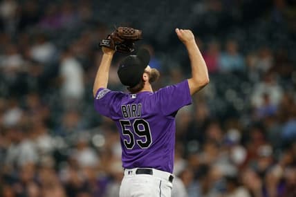 May 22, 2023; Denver, Colorado, USA; Colorado Rockies relief pitcher Jake Bird (59) reacts at the end of the seventh inning against the Miami Marlins at Coors Field. Mandatory Credit: Isaiah J. Downing-USA TODAY Sports