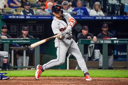 May 22, 2023; Kansas City, Missouri, USA; Detroit Tigers shortstop Javier Baez (28) hits a two-run double against the Kansas City Royals in the tenth inning at Kauffman Stadium. Mandatory Credit: Denny Medley-USA TODAY Sports