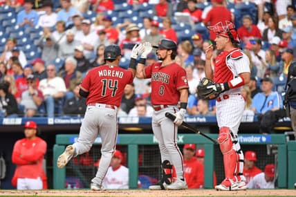 May 23, 2023; Philadelphia, Pennsylvania, USA; Arizona Diamondbacks catcher Gabriel Moreno (14) c elaborates his home run with right fielder Dominic Fletcher (8) during the second inning against the Philadelphia Phillies at Citizens Bank Park. Mandatory Credit: Eric Hartline-USA TODAY Sports