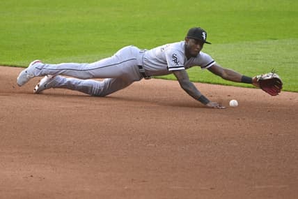 May 23, 2023; Cleveland, Ohio, USA; Chicago White Sox shortstop Tim Anderson (7) makes a diving stop of a ground ball in the fourth inning against the Cleveland Guardians at Progressive Field. Mandatory Credit: David Richard-USA TODAY Sports