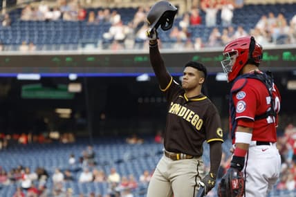 May 23, 2023; Washington, District of Columbia, USA; San Diego Padres left fielder Juan Soto (22) acknowledges the crowd prior to his at-bat against the Washington Nationals during the first inning at Nationals Park. Mandatory Credit: Geoff Burke-USA TODAY Sports