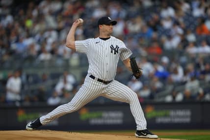 May 23, 2023; Bronx, New York, USA; New York Yankees pitcher Gerrit Cole (45) delivers a pitch against the Baltimore Orioles during the first inning at Yankee Stadium. Mandatory Credit: Gregory Fisher-USA TODAY Sports