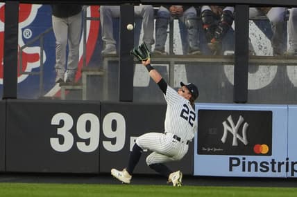 May 23, 2023; Bronx, New York, USA; New York Yankees center fielder Harrison Bader (22) catches a fly ball hit by Baltimore Orioles designted hitter Anthony Santander (25) (not pictured) during the third inning at Yankee Stadium. Mandatory Credit: Gregory Fisher-USA TODAY Sports
