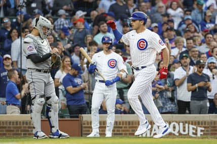 May 23, 2023; Chicago, Illinois, USA; Chicago Cubs first baseman Matt Mervis (22) crosses home plate after hitting a two-run home run against the New York Mets during the second inning at Wrigley Field. Mandatory Credit: Kamil Krzaczynski-USA TODAY Sports