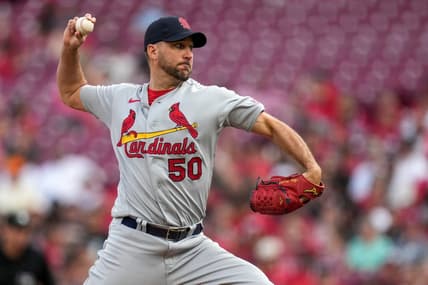 St. Louis Cardinals starting pitcher Adam Wainwright (50) throws a pitch in the second inning of the MLB National League game between the Cincinnati Reds and the St. Louis Cardinals at Great American Ball Park in downtown Cincinnati on Tuesday, May 23, 2023. The Cardinals led 7-4 in the sixth inning.