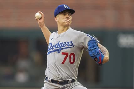 May 23, 2023; Cumberland, Georgia, USA; Los Angeles Dodgers starting pitcher Bobby Miller (70) pitches against the Atlanta Braves during the first inning at Truist Park. Mandatory Credit: Dale Zanine-USA TODAY Sports