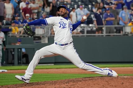 May 23, 2023; Kansas City, Missouri, USA; Kansas City Royals relief pitcher Aroldis Chapman (54) delivers a pitch against the Detroit Tigers in the ninth inning at Kauffman Stadium. Mandatory Credit: Denny Medley-USA TODAY Sports