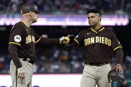 May 23, 2023; Washington, District of Columbia, USA; San Diego Padres left fielder Juan Soto (22) celebrates with Padres third base coach Matt Williams (18) against the Washington Nationals during a pitching change after hitting a single in the fifth inning at Nationals Park. Mandatory Credit: Geoff Burke-USA TODAY Sports
