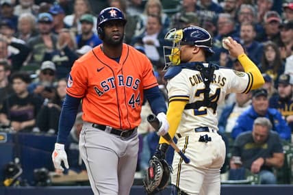 May 24, 2023; Milwaukee, Wisconsin, USA; Houston Astros designated hitter Yordan Alvarez (44) walks back to the dugout after striking out in the sixth inning during game against the Milwaukee Brewers at American Family Field. Mandatory Credit: Benny Sieu-USA TODAY Sports