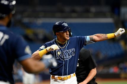 May 24, 2023; St. Petersburg, Florida, USA; Tampa Bay Rays center fielder Jose Siri (22) celebrates after hitting a two run home run in the second inning against the Toronto Blue Jays at Tropicana Field. Mandatory Credit: Jonathan Dyer-USA TODAY Sports