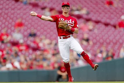May 24, 2023; Cincinnati, Ohio, USA; Cincinnati Reds shortstop Matt McLain (9) throws to first to get St. Louis Cardinals right fielder Oscar Mercado (not pictured) out in the second inning at Great American Ball Park. Mandatory Credit: Katie Stratman-USA TODAY Sports
