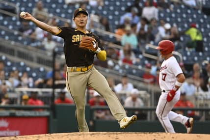 May 24, 2023; Washington, District of Columbia, USA; San Diego Padres third baseman Ha-Seong Kim (7) throws out Washington Nationals right fielder Lane Thomas (not shown) during the second inning at Nationals Park. Mandatory Credit: Brad Mills-USA TODAY Sports