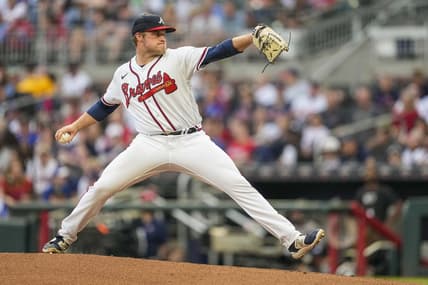 May 24, 2023; Cumberland, Georgia, USA; Atlanta Braves starting pitcher Bryce Elder (55) pitches against the Los Angeles Dodgers during the second inning at Truist Park. Mandatory Credit: Dale Zanine-USA TODAY Sports