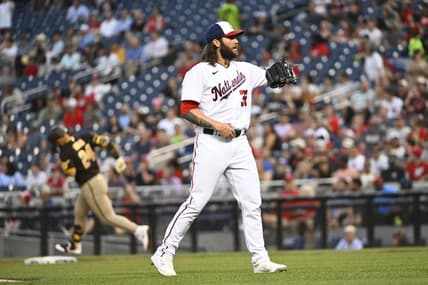 May 24, 2023; Washington, District of Columbia, USA; Washington Nationals starting pitcher Trevor Williams (32) reacts after giving up a two run home run to San Diego Padres second baseman Rougned Odor (24) during the fourth inning at Nationals Park. Mandatory Credit: Brad Mills-USA TODAY Sports