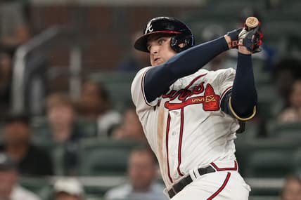 May 24, 2023; Cumberland, Georgia, USA; Atlanta Braves third baseman Austin Riley (27) hits a double against the Los Angeles Dodgers during the ninth inning at Truist Park. Mandatory Credit: Dale Zanine-USA TODAY Sports
