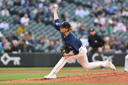 May 24, 2023; Seattle, Washington, USA; Seattle Mariners starting pitcher Bryce Miller (50) throws to the Oakland Athletics during the third inning at T-Mobile Park. Mandatory Credit: Steven Bisig-USA TODAY Sports
