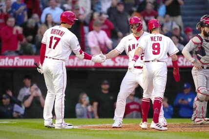 May 24, 2023; Anaheim, California, USA; Los Angeles Angels center fielder Mike Trout (27) celebrates with shortstop Zach Neto (9) and designated hitter Shohei Ohtani (17) after hitting a two-run home run in the fourth inning against the Boston Red Sox at Angel Stadium. Mandatory Credit: Kirby Lee-USA TODAY Sports