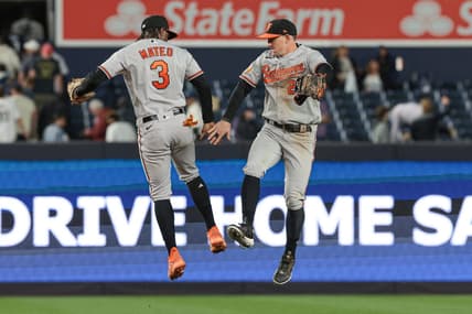 May 24, 2023; Bronx, New York, USA; Baltimore Orioles shortstop Jorge Mateo (3) and left fielder Austin Hays (21) celebrate after defeating the New York Yankees at Yankee Stadium. Mandatory Credit: Vincent Carchietta-USA TODAY Sports
