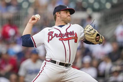 May 24, 2023; Cumberland, Georgia, USA; Atlanta Braves starting pitcher Bryce Elder (55) pitches against the Los Angeles Dodgers during the first inning at Truist Park. Mandatory Credit: Dale Zanine-USA TODAY Sports