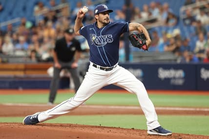 May 25, 2023; St. Petersburg, Florida, USA; Tampa Bay Rays starting pitcher Zach Eflin (24) throws a pitch during the second inning against the Toronto Blue Jays at Tropicana Field. Mandatory Credit: Kim Klement-USA TODAY Sports