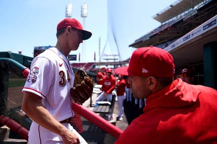 Cincinnati Reds first baseman Joey Votto congratulated Cincinnati Reds pitcher Luke Weaver (34) after he is pulled from the game in the seventh inning during a baseball game between the St. Louis Cardinals and the Cincinnati Reds, Thursday, May 25, 2023, at Great American Ball Park in Cincinnati.