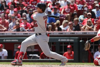 May 25, 2023; Cincinnati, Ohio, USA; St. Louis Cardinals designated hitter Nolan Gorman (16) hits an RBI double against the Cincinnati Reds during the eighth inning at Great American Ball Park. Mandatory Credit: David Kohl-USA TODAY Sports