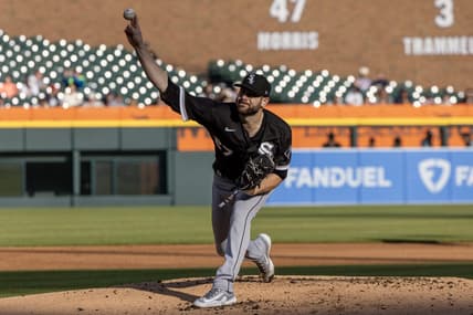 May 25, 2023; Detroit, Michigan, USA; Chicago White Sox starting pitcher Lucas Giolito (27) throws in the first inning against the Detroit Tigers at Comerica Park. Mandatory Credit: David Reginek-USA TODAY Sports