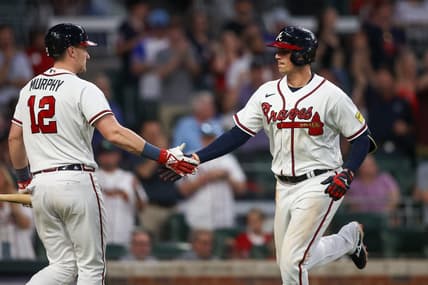 May 25, 2023; Atlanta, Georgia, USA; Atlanta Braves third baseman Austin Riley (27) celebrates with catcher Sean Murphy (12) after a home run against the Philadelphia Phillies in the fifth inning at Truist Park. Mandatory Credit: Brett Davis-USA TODAY Sports