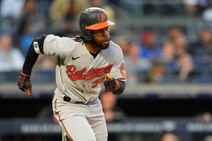 May 23, 2023; Bronx, New York, USA; Baltimore Orioles center fielder Cedric Mullins (31) watches his home run against the New York Yankees during the third inning at Yankee Stadium. Mandatory Credit: Gregory Fisher-USA TODAY Sports
